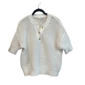 Haven Well Within White Crochet Knit Button Neck Short Sleeve Sweater Top S